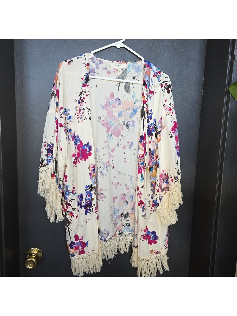 Umgee USA M Floral Fringe Kimono Open Front 3/4 Sleeve Cotton Blend Top